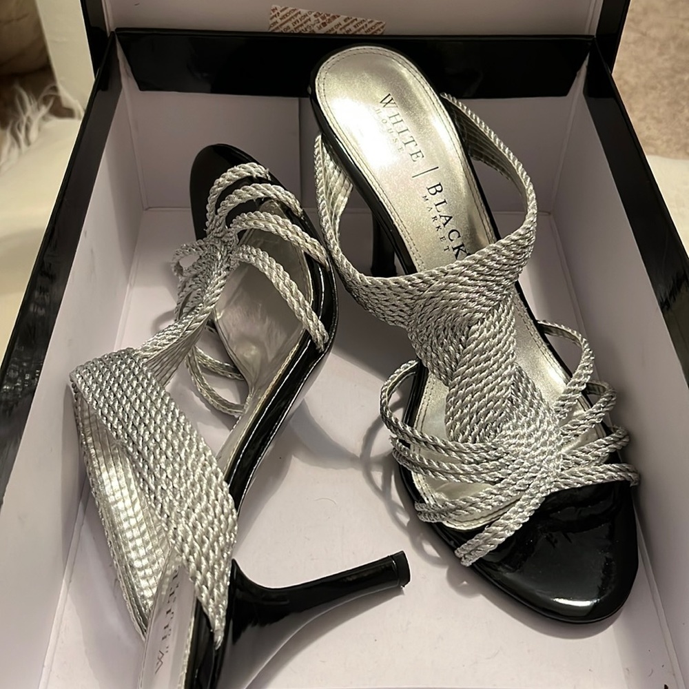 White House Black Market black and silver heels. Size 9.